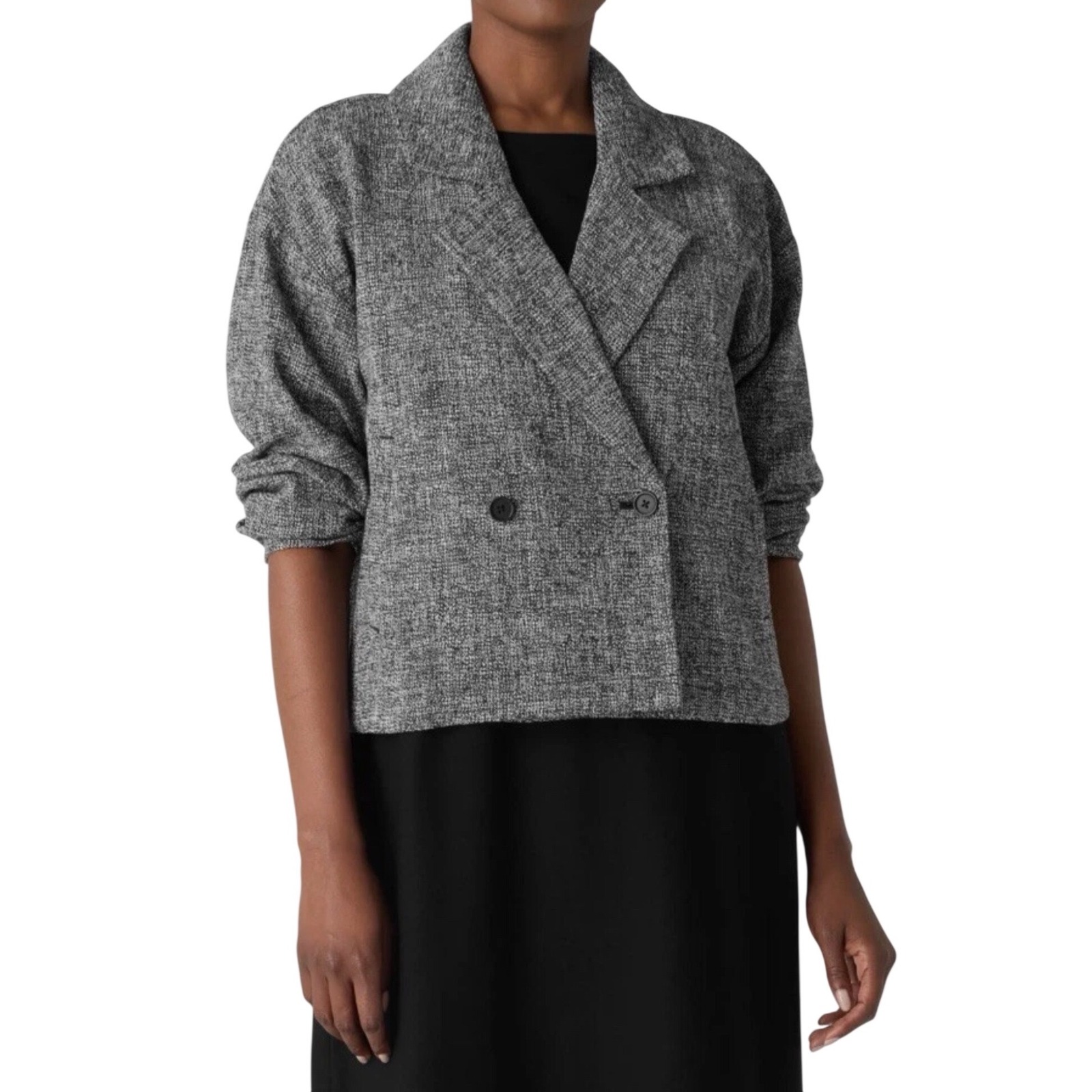 Eileen Fisher Double Breasted Organic Cotton Stretch Tweed Blazer Xl Grey Nwt